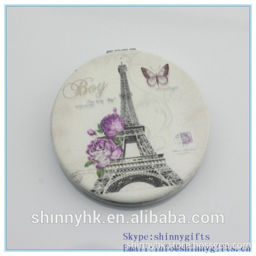 Newly PU small round mirrors with the Paris pattern pocket mirror